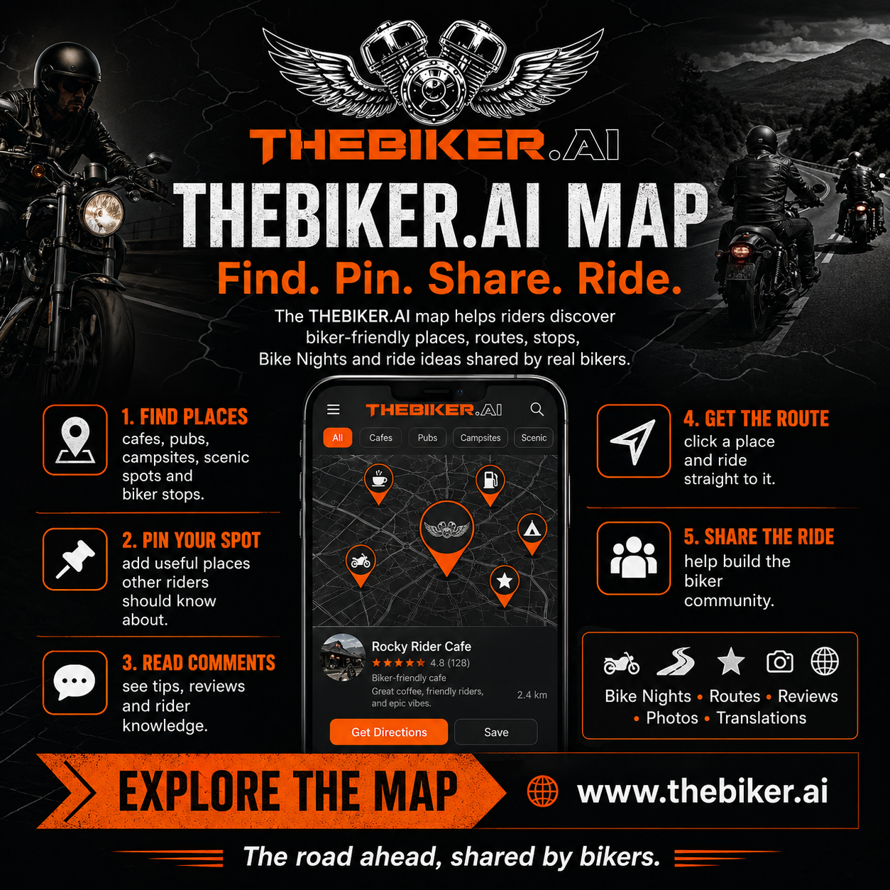 THEBIKER.AI map — find, pin, share and ride