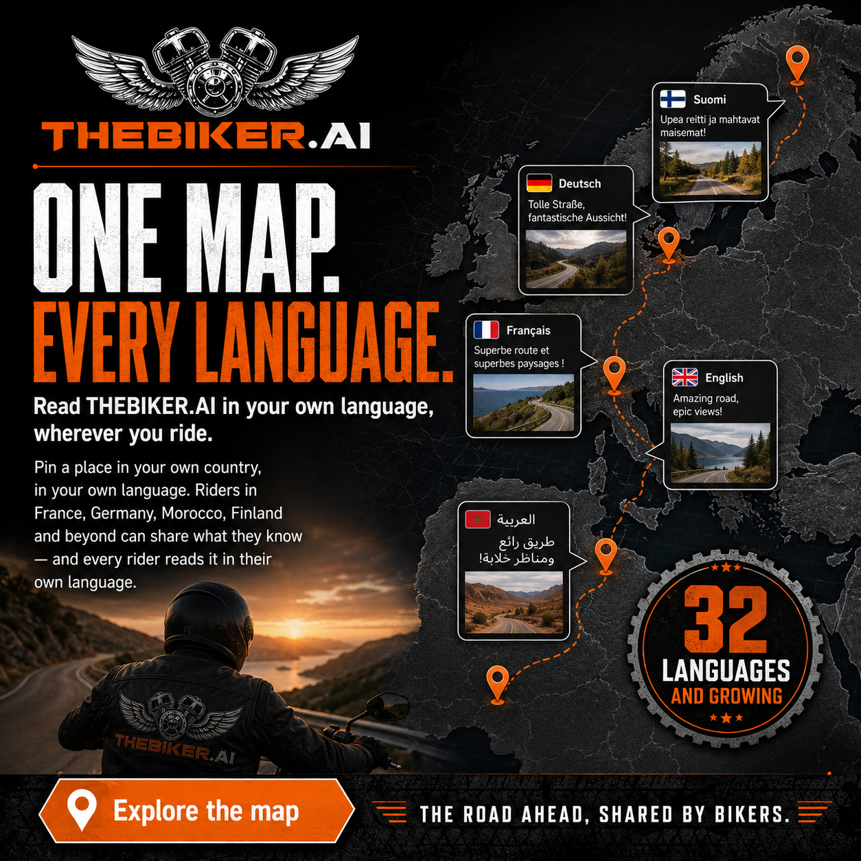 One map, every language — read THEBIKER.AI in your own language