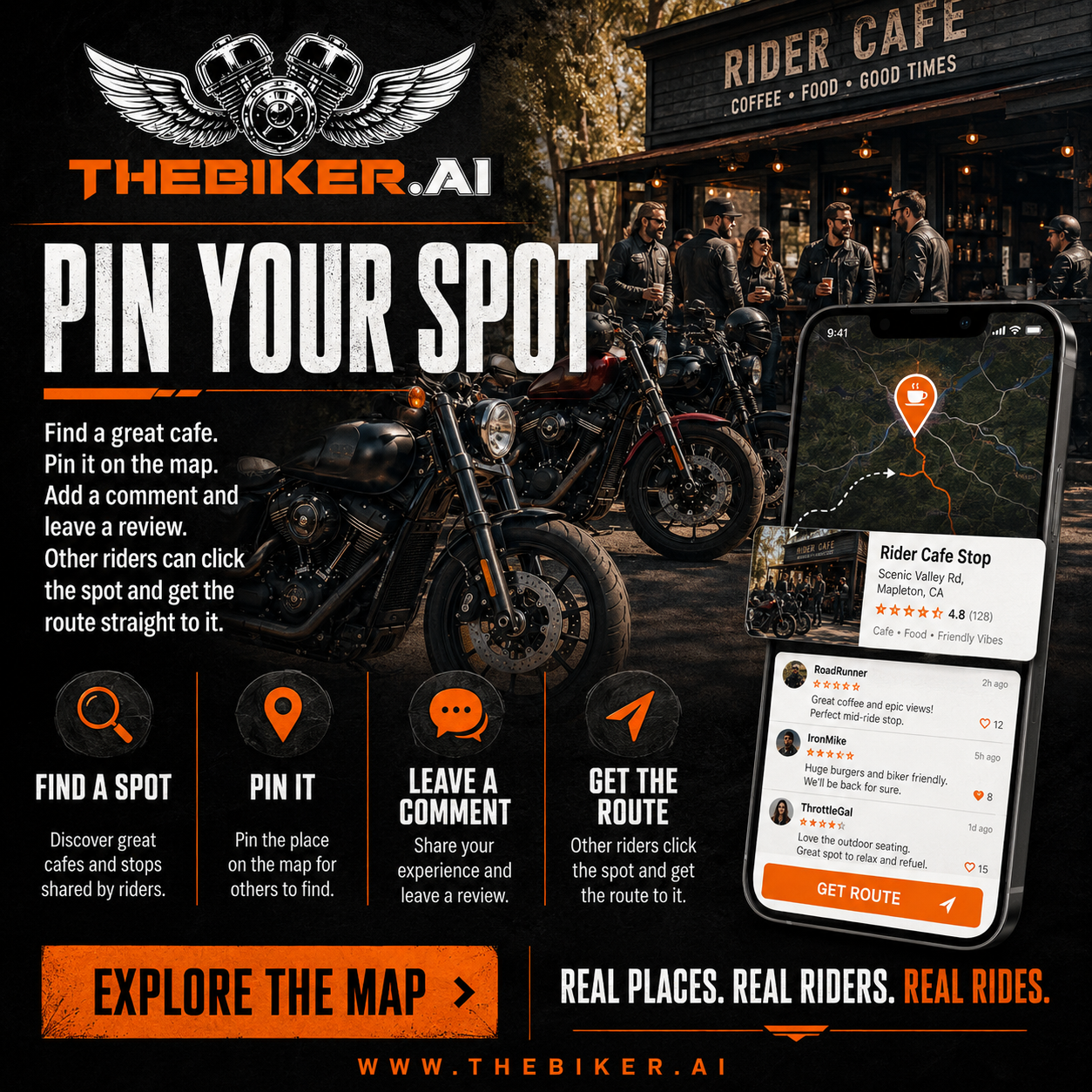 Pin your spot — find a cafe, pin it on the map, leave a review and get the route