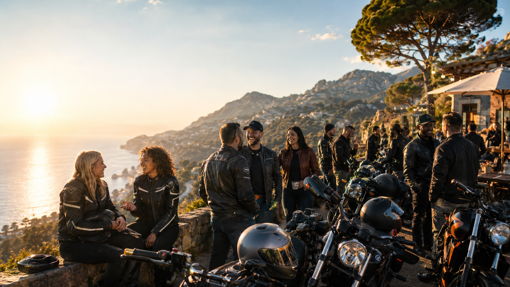 Motorcycles photographed at a sunset meet by the sea