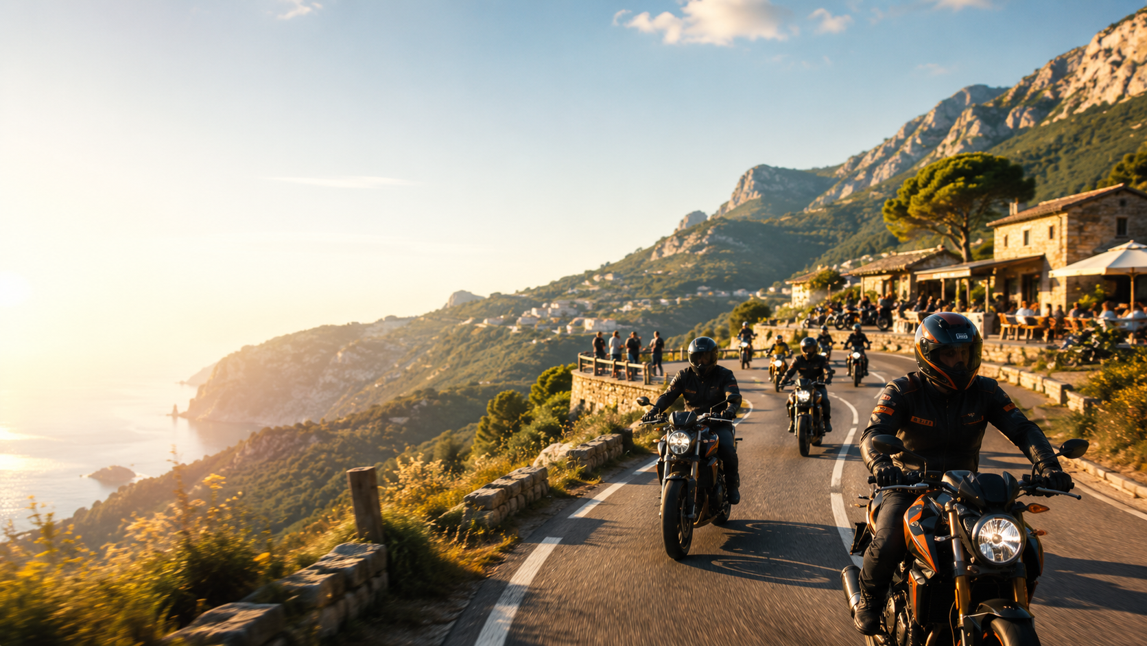 A scenic motorcycle route through mountains and water