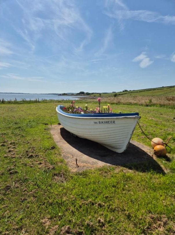 An old boat on the grass by the water