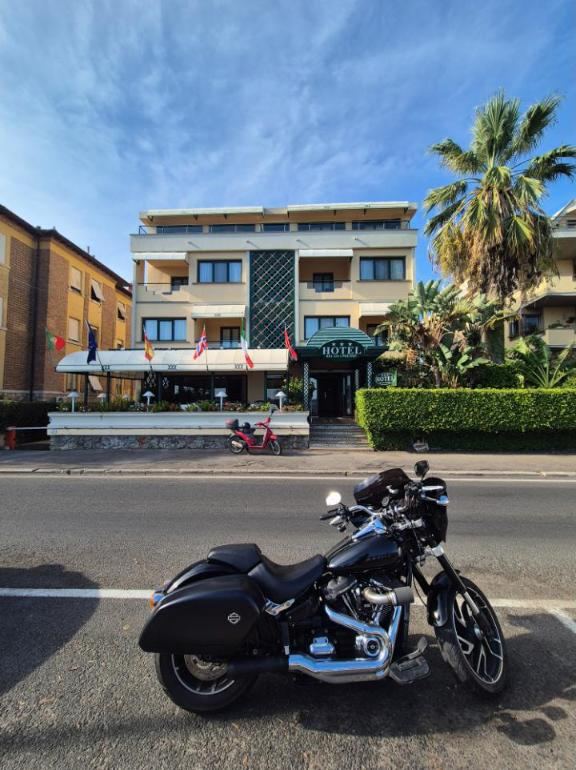 The bike outside the hotel