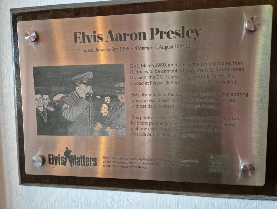 The Elvis Presley plaque at Adamton. He landed at Prestwick in 1960, his only time on British soil