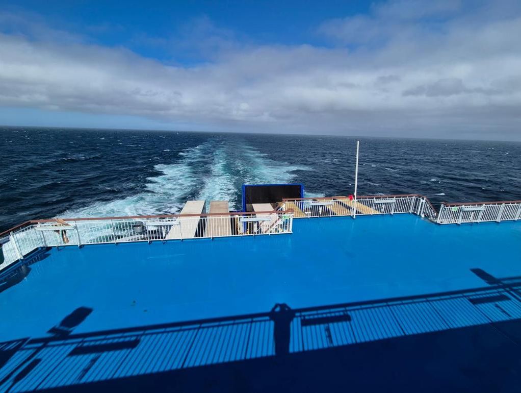Looking back over the wake on the way to Spain